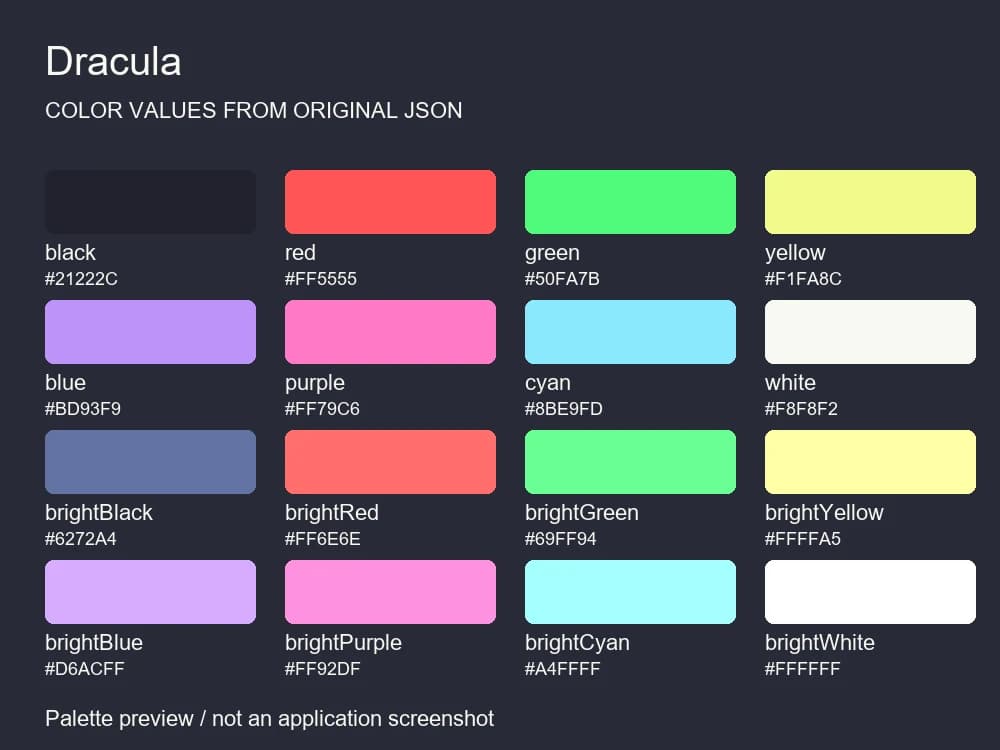 Windows Terminal Dracula 配色配置 · JSON:按 Dracula 原JSON色值绘制 · 非运行截图